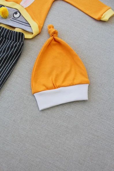 3-6 6-9 9-12 Ay Şımarık Tavşan Nakışlı Şapkalı Uzun Kollu Sweat 3lü Kız-erkek Bebek Takımı Turuncu - 4