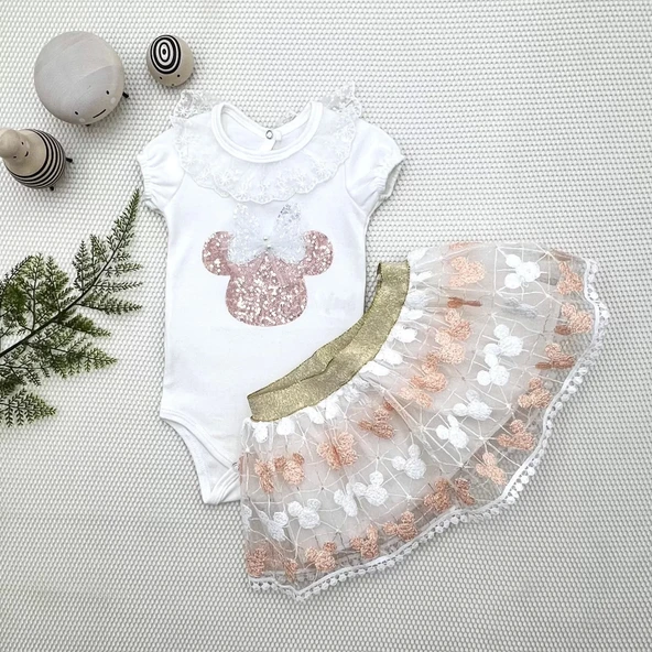 1-2-3 Yaş Payetli Mickey Nakışlı Kısa Kollu Brode Etekli 2li Kız Bebek Takımı Pudra - 2
