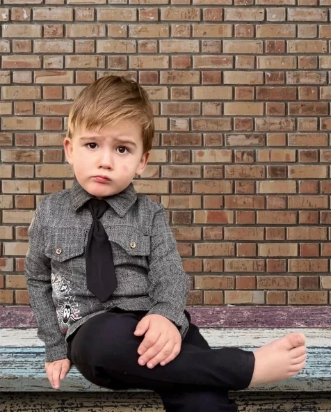 3-4-5 Yaş Kravatlı Keten Gömlek Gabardin Pantolon Uzun Kollu 3lü Erkek Çocuk Takımı Füme - 3