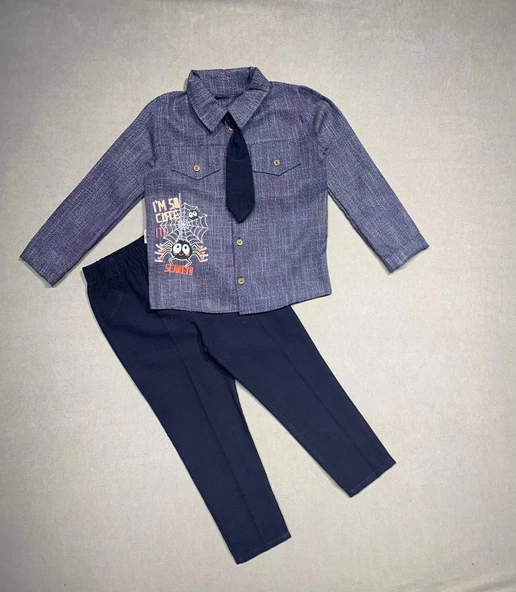 3-4-5 Yaş Kravatlı Keten Gömlek Gabardin Pantolon Uzun Kollu 3lü Erkek Çocuk Takımı Lacivert ürün görseli 1