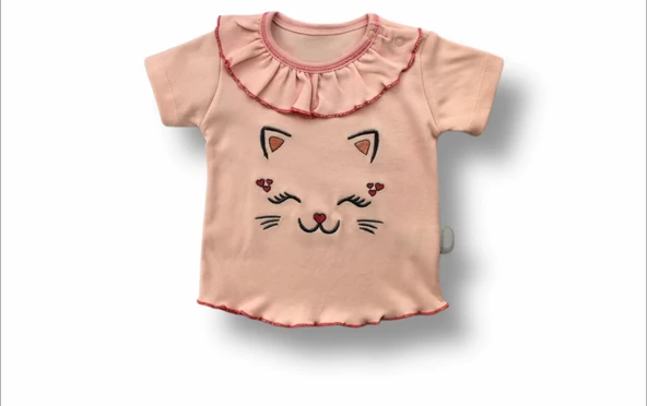 6-9 9-12 12-18 Ay Vip Kedi Baskılı Bandanalı Kısa Kollu Sweat 3lü Kız Bebek Takımı Pudra - 2