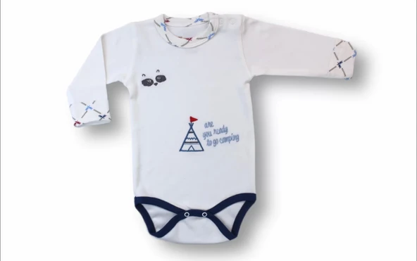 3-6 6-9 9-12 Ay My Camping Nakışlı Bandajlı Uzun Kollu Zıbınlı 3lü Erkek Bebek Takımı Ekru - Resim 2