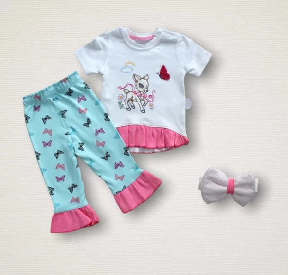 6-9 9-12 12-18 Ay Ceylanın Rüyası Baskılı Bandanalı Kısa Kollu Sweat 3lü Kız Bebek Takımı Mint Yeşili ürün görseli