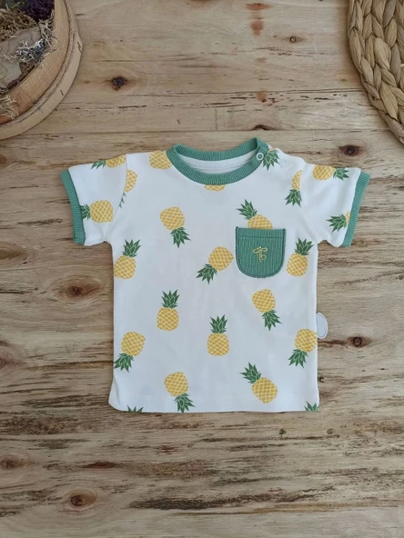 3-6 6-9 9-12 Ay Ananas Baskılı Şort Tişört 2 Li Kız Erkek Bebek Takımı Yeşil - 3