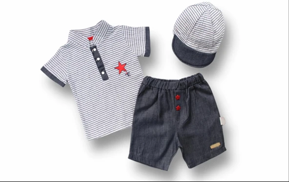 6-9 9-12 12-18 Ay Vip Yaka Şapkalı Kısa Kollu Sweat 3lü Erkek Bebek Takımı Gri ürün görseli