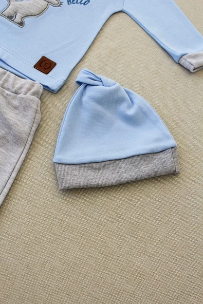 3-6 6-9 9-12 Ay Minik Dino Nakışlı Şapkalı Uzun Kollu Sweat 3lü Kız-erkek Bebek Takımı Mavi - 4