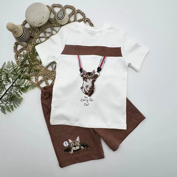 1-2-3 Yaş Fermuarlı Kedi Baskılı Şortlu Kısa Kollu Tişört 2li Erkek Bebek Takımı Kahverengi - 2