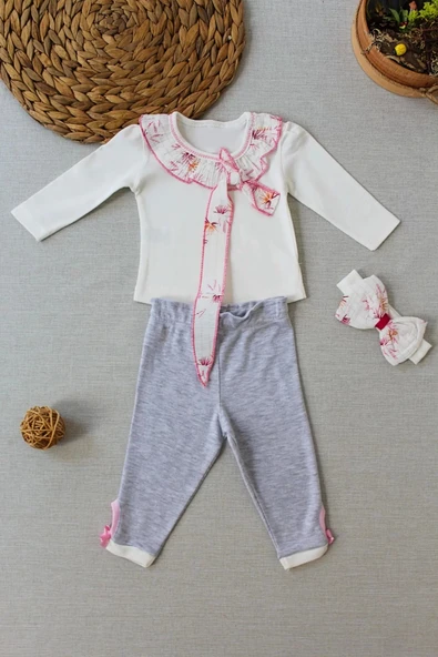 3-6 6-9 9-12 Ay Matmazel Yaka Fırfır Detaylı Bandanalı Uzun Kollu Sweat 3lü Kız Bebek Takımı Ekru ürün görseli