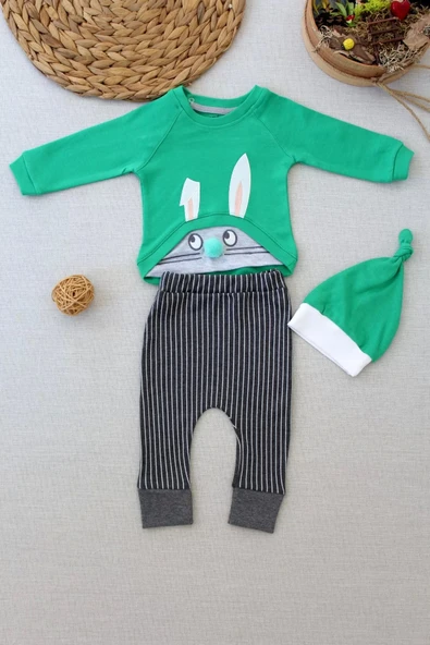 3-6 6-9 9-12 Ay Şımarık Tavşan Nakışlı Şapkalı Uzun Kollu Sweat 3lü Kız-erkek Bebek Takımı Yeşil
