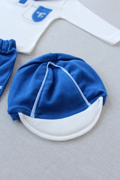 3-6 6-9 9-12 Ay Efendi Nakışlı Cep Şapkalı Uzun Kollu Sweat 3lü Erkek Bebek Takımı İndigo - 4