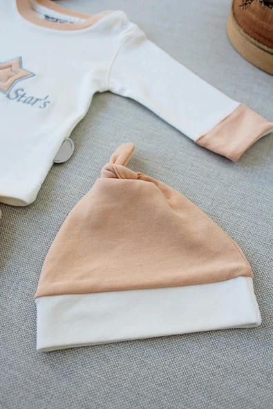 3-6 6-9 9-12 Ay Full Star Nakışlı Şapkalı Uzun Kollu Sweat 3lü Erkek Bebek Takımı Buğday - 4