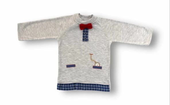 3-6 6-9 9-12 Ay Cep Saat Nakışlı Şapkalı Uzun Kollu Sweatli 3lü Erkek Bebek Takımı Mavi - Resim 2