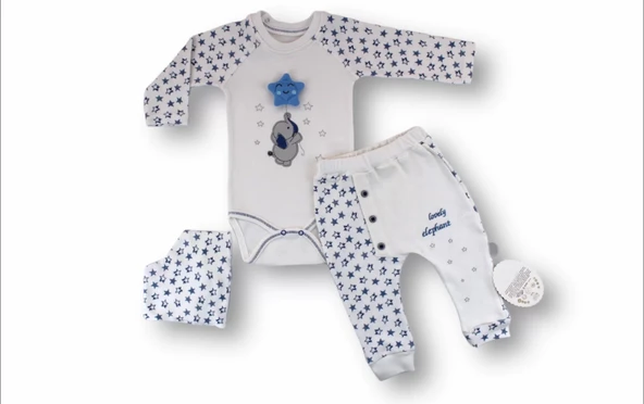 3-6 6-9 9-12 Ay Kutup Yıldızı Nakışlı Bandajlı Uzun Kollu Zıbınlı 3lü Erkek Bebek Takımı Ekru