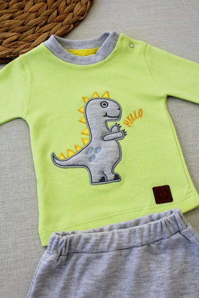 3-6 6-9 9-12 Ay Minik Dino Nakışlı Şapkalı Uzun Kollu Sweat 3lü Kız-erkek Bebek Takımı Yeşil - 2