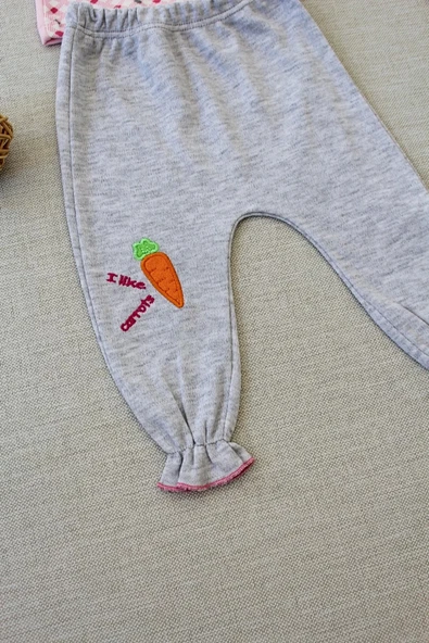3-6 9-12 12-18 Ay Havuç Tavşan Nakışlı Bandanalı Cepli Uzun Kollu Sweatli 3lü Kız Bebek Tak Pembe - 4