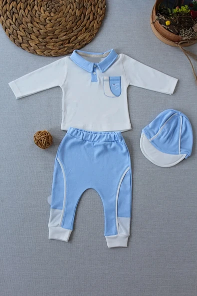 3-6 6-9 9-12 Ay Efendi Nakışlı Cep Şapkalı Uzun Kollu Sweat 3lü Erkek Bebek Takımı Mavi ürün görseli