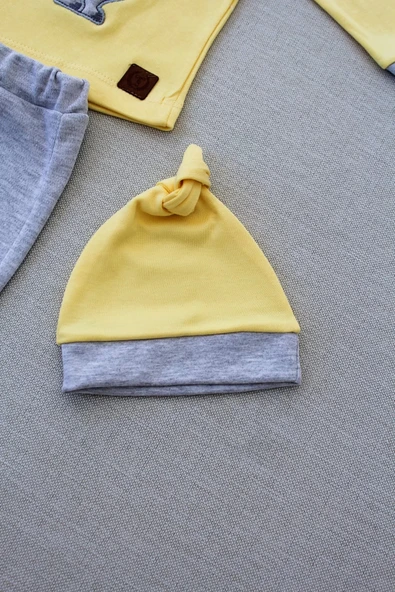 3-6 6-9 9-12 Ay Minik Dino Nakışlı Şapkalı Uzun Kollu Sweat 3lü Kız-erkek Bebek Takımı Sarı - 4