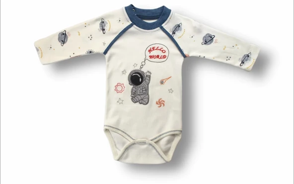 3-6 6-9 9-12 Ay Şirin Kozmonot Nakışlı Şapkalı Uzun Kollu Zıbınlı 3lü Kız-erkek Bebek Takımı Ekru - 2