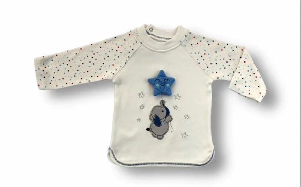 3-6 6-9 9-12 Ay Kutup Yıldızı Nakışlı Bandajlı Uzun Kollu Sweat 3lü Erkek Bebek Takımı Ekru - Resim 2