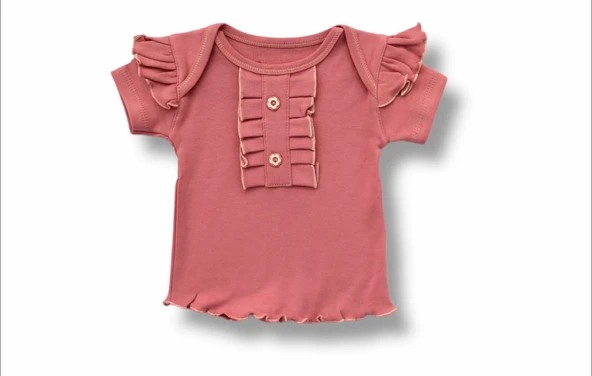 3-6 6-9 9-12 12-18 Ay Düğme Detaylı Bandanalı Kısa Kollu Sweat 3lü Kız Bebek Takımı Gül Kurusu - Resim 2