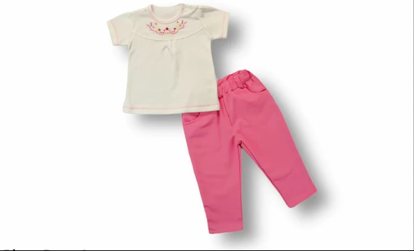 3-6 6-9 9-12 12-18 Ay Anadolu Çiçeği Nakışlı Kısa Kollu Sweatli 2li Kız Bebek Takımı Pembe ürün görseli