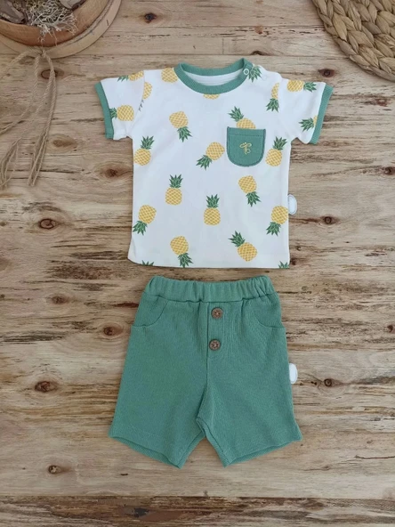 3-6 6-9 9-12 Ay Ananas Baskılı Şort Tişört 2 Li Kız Erkek Bebek Takımı Yeşil - 2