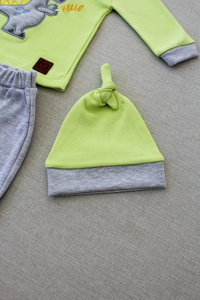 3-6 6-9 9-12 Ay Minik Dino Nakışlı Şapkalı Uzun Kollu Sweat 3lü Kız-erkek Bebek Takımı Yeşil - 4