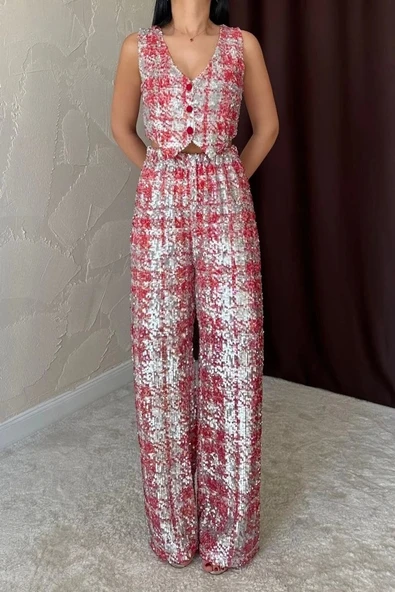 Kırmızı Pullu Yelek Ve Pantolon Takım - 3