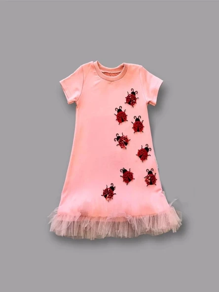 1-2-3 Yaş Uğur Böceği Nakışlı Fırfır Uçlu Kız Çocuk Jile Elbisesi Pudra - 2