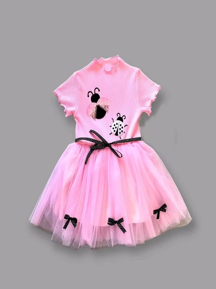 1-2-3 Yaş Uğur Böceği Nakışlı Kurdela Kuşak Kız Çocuk Elbisesi Pembe