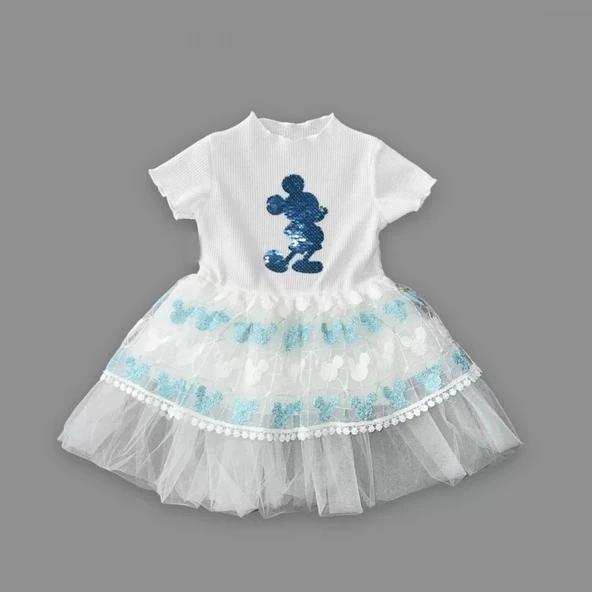 1-2-3 Yaş Payetli Mickey Baskılı Brode Etekli Kız Bebek Elbisesi Turkuaz - 2
