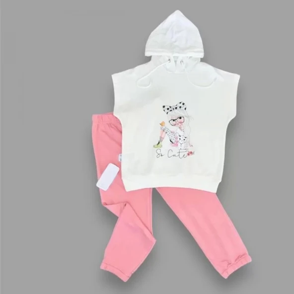 3-4-5 Yaş Kapşonlu Sevimli Kız Baskılı Kısa Kolu 2li Kız Erkek Çocuk Takımı Gül Kurusu - 2