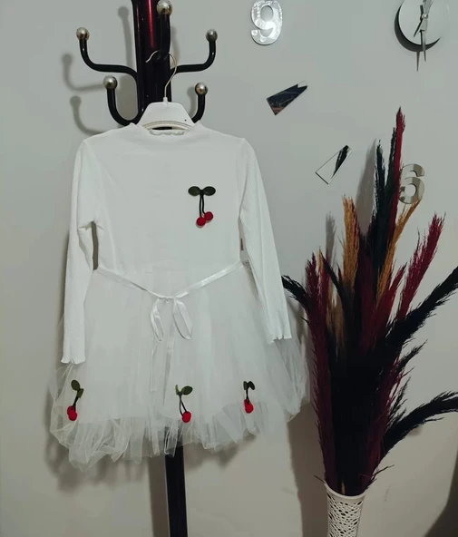 5-6-7 Yaş Kiraz Desenli Kurdela Kuşaklı Astarlı Uzun Kollu Kız Çocuk Tütü Elbise Beyaz - 4