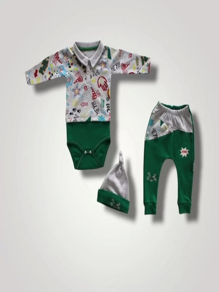 6-9 12-18 18-24 Ay Power Kedi Nakışlı Uzun Kollu Zıbınlı Şapkalı 3lü Kız Erkek Bebek Takımı Yeşil