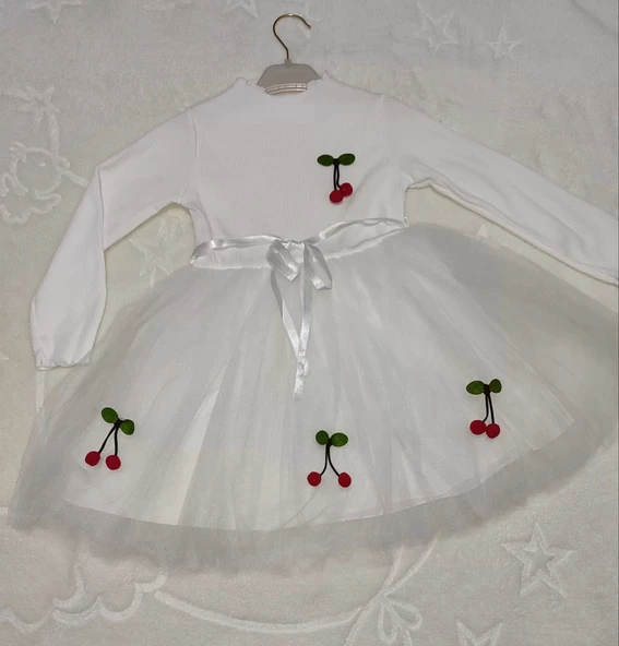 5-6-7 Yaş Kiraz Desenli Kurdela Kuşaklı Astarlı Uzun Kollu Kız Çocuk Tütü Elbise Beyaz - 2