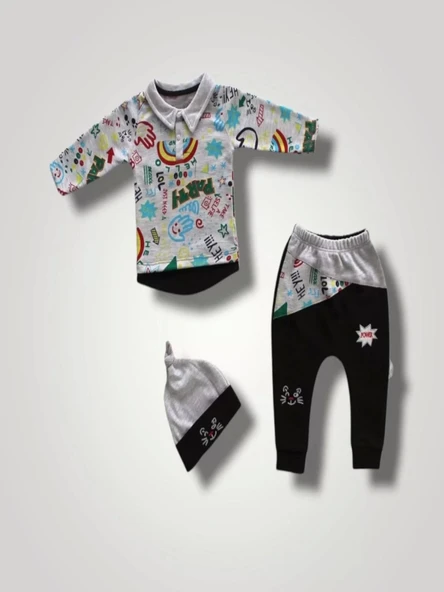 6-9 12-18 18-24 Ay Power Kedi Nakışlı Uzun Kollu Sweat Şapkalı 3lü Kız Erkek Bebek Takımı Siyah