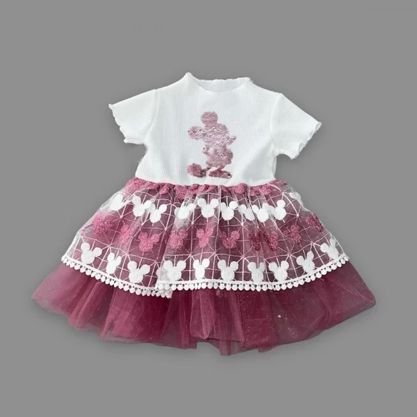 1-2-3 Yaş Payetli Mickey Baskılı Brode Etekli Kız Bebek Elbisesi Rose - 2