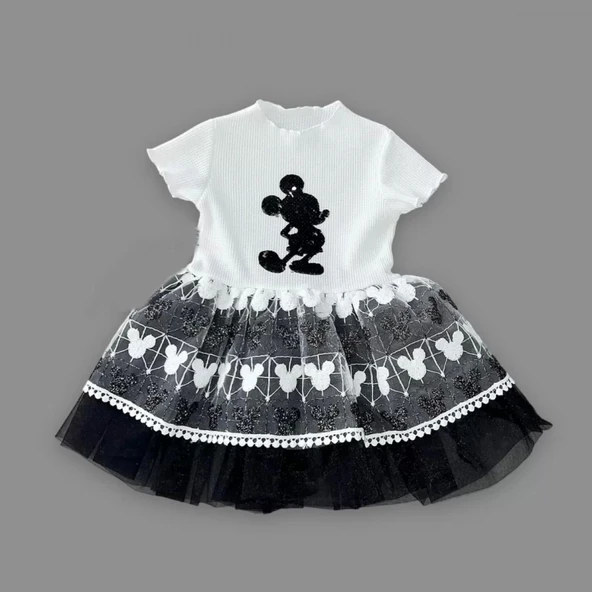 1-2-3 Yaş Payetli Mickey Baskılı Brode Etekli Kız Bebek Elbisesi Siyah - 2