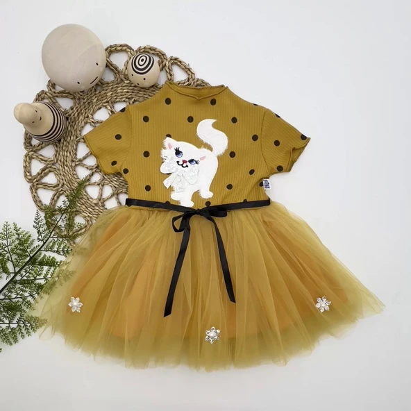 1-2-3 Yaş Payetli Kedicik Baskılı Puantiyeli Kız Bebek Elbisesi Hardal - 2