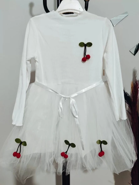 5-6-7 Yaş Kiraz Desenli Kurdela Kuşaklı Astarlı Uzun Kollu Kız Çocuk Tütü Elbise Beyaz - 3