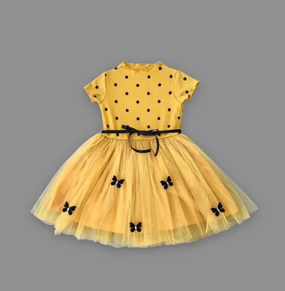 5-6-7 Yaş Puantiyeli Kelebek Etekli Astarlı Kız Çocuk Elbisesi Hardal - 2