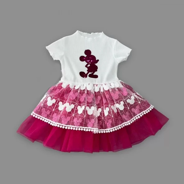 1-2-3 Yaş Payetli Mickey Baskılı Brode Etekli Kız Bebek Elbisesi Fuşya ürün görseli