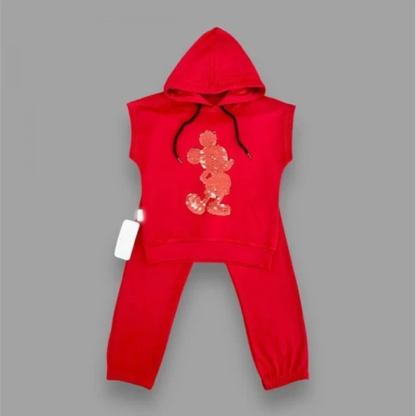 3-4-5 Yaş Kapşonlu Payetli Mickey Desenli Kısa Kol 2li Kız Erkek Çocuk Takımı Kırmızı - 2