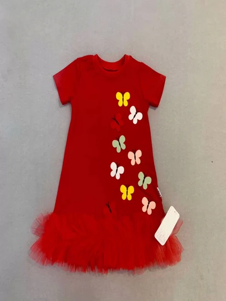 1-2-3 Yaş Renkli Kelebekler Nakışlı Eteği Fırfırlı Jile Çocuk Elbisesi Kırmızı - 2