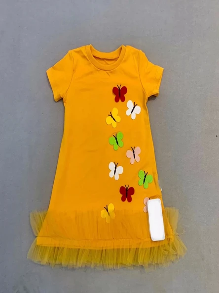 1-2-3 Yaş Renkli Kelebekler Nakışlı Eteği Fırfırlı Jile Çocuk Elbisesi Turuncu - 2