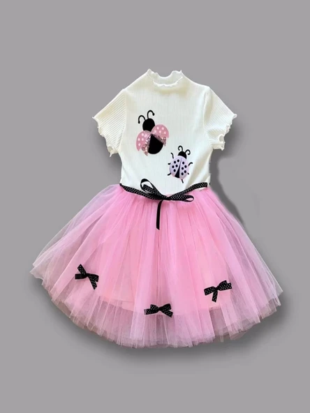 1-2-3 Yaş Uğur Böceği Nakışlı Kurdela Kuşak Kız Çocuk Elbisesi Pembe-ekru