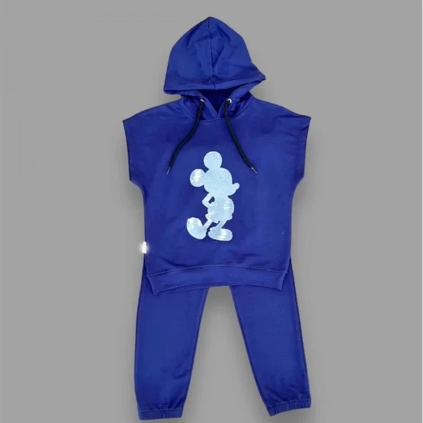 3-4-5 Yaş Kapşonlu Payetli Mickey Desenli Kısa Kol 2li Kız Erkek Çocuk Takımı Lacivert - 2