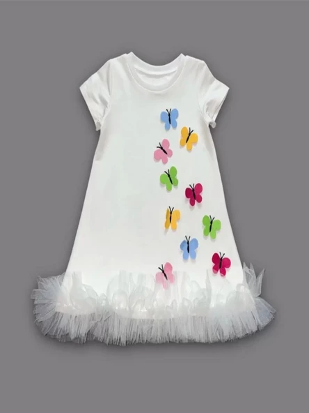 1-2-3 Yaş Renkli Kelebekler Nakışlı Eteği Fırfırlı Jile Çocuk Elbisesi Beyaz