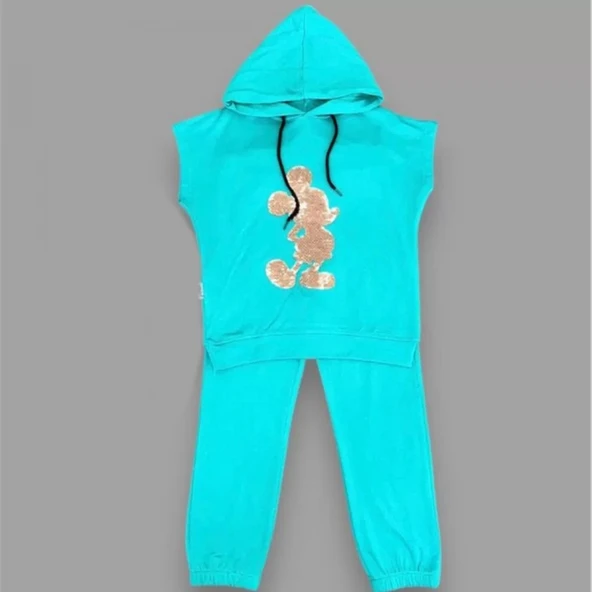 3-4-5 Yaş Kapşonlu Payetli Mickey Desenli Kısa Kol 2li Kız Erkek Çocuk Takımı Turkuaz - 2