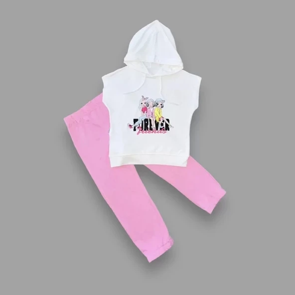 3-4-5 Yaş Forever Cici Kızlar Baskılı Kapşonlu 2li Kız Çocuk Takımı Pembe - Resim 2